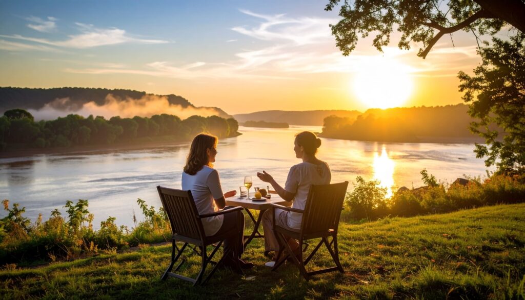 Firefly_people talking near river Mississippi river sunrise misty water 423007 (1)